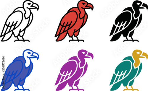 Obraz na plátně Colorful illustration set of six different vulture silhouettes standing on one l