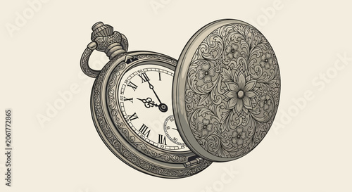 Slika na platnu Vintage pocket watch with ornate floral engraving, antique timekeeping device
