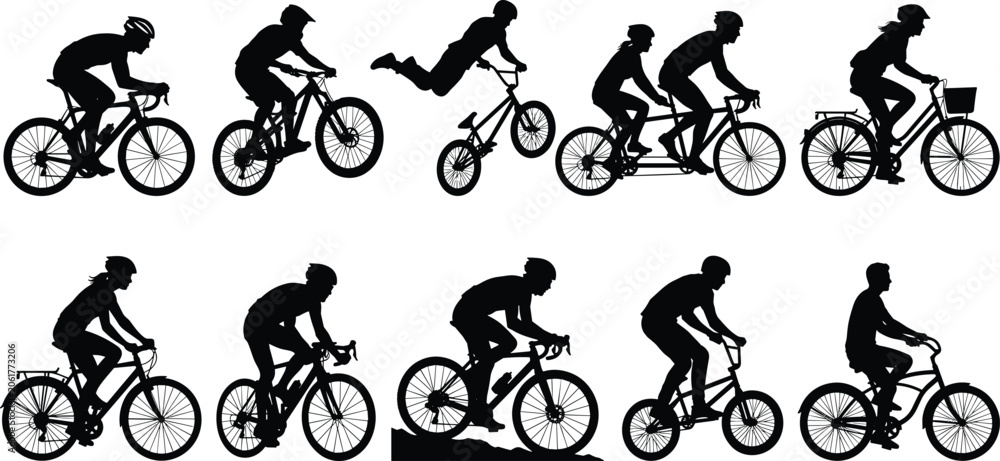 Naklejka premium Cycling silhouette collection featuring road bikes, mountain bikes, BMX stunts, tandem bicycle, city bike, diverse cycling activities