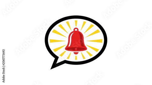 Red notification bell icon with yellow rays in black speech bubble.