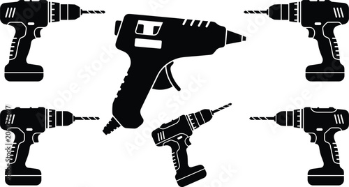 Canvas-taulu Silhouette cordless drill glue gun illustration, power tool icon set, constructi