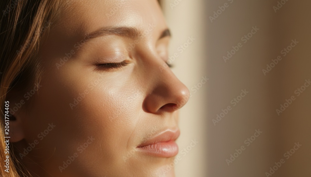 Fototapeta premium Close up side view of peaceful young woman with closed eyes basking in warm natural light with soft shadows on her face