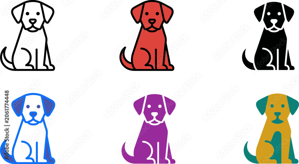 Obraz premium Six colorful dog icons in different colors sitting alone on white background