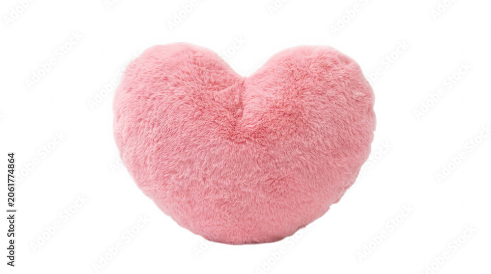 Fototapeta premium Pink fuzzy heart-shaped pillow on transparent background.
