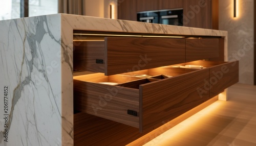 Close view of opened wooden drawers in marble kitchen island showing detailed wood craftsmanship and integrated warm lighting for elegant home design