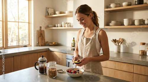Woman preparing breakfast in modern kitchen with fruit and cereal