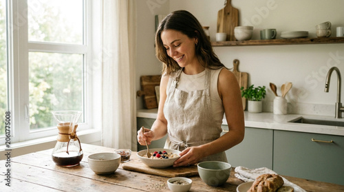 Woman preparing healthy breakfast in modern kitchen with food