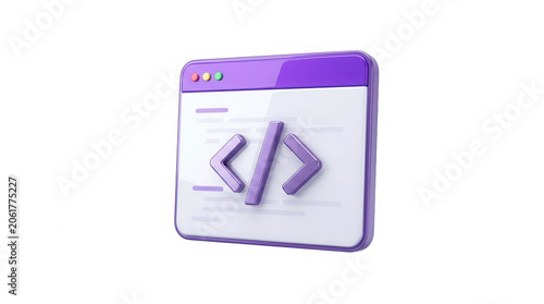 Purple coding window icon representing software development web programming and computer script interface on transparent background.