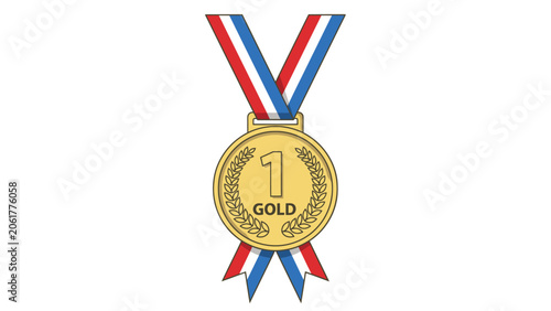 Gold medal with red white and blue ribbon award symbol