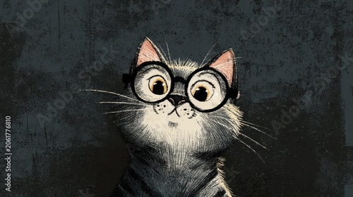 Cocky kitten with round glasses staring straight ahead against a dark gray background