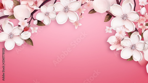White Cherry Blossoms on Pink Background