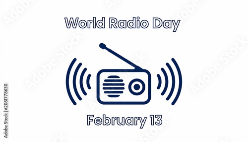World Radio Day graphic with radio icon and sound waves. February 13 celebration banner. Minimalist illustration for broadcasting and communication media