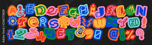 Bright playful alphabet with bold sticker-style random letters, ransom font, numbers and symbols. Great for logos, posters, kids designs, games, branding and creative typography.
