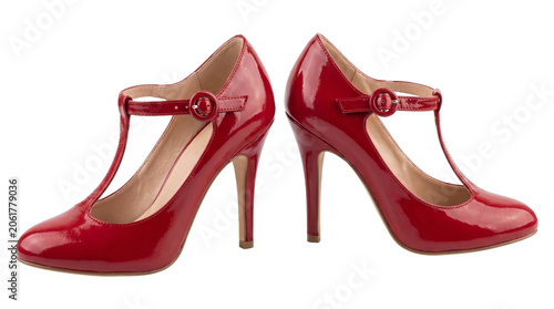 Fotografie Pair of red patent leather high heel shoes with ankle straps isolated on transparent background cutout