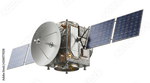 Foto Modern orbital satellite with solar panels and dish antenna isolated on transparent background science