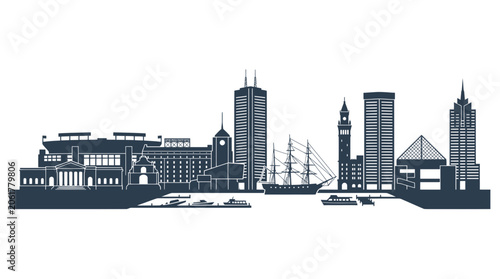 Baltimore Skyline Silhouette with Harbor and Tall Ships