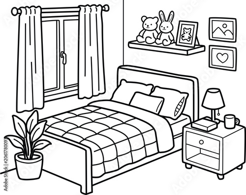 Cozy Bedroom Interior Coloring Page – Cartoon Home Furniture Outline Vector Illustration for Kids