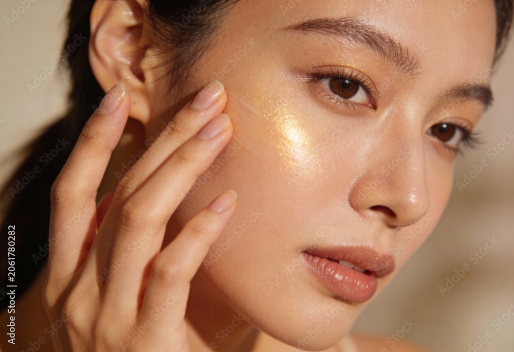 Naklejka premium Close-up of a woman applying golden shimmering serum to her cheek. Skincare routine with copper peptides for glowing skin. Radiant female face with cosmetic product