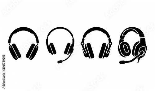 Black Headphones Silhouette Icons Set