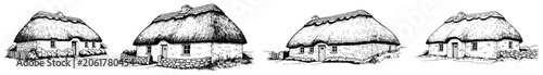 Traditional thatched roof cottages in rural countryside village hand drawn engraving style