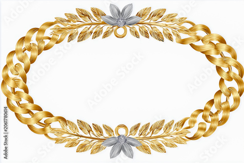 Ornate golden and silver floral frame design featuring braided elements and leaves, suitable for invitations, certificates, or decorative purposes
