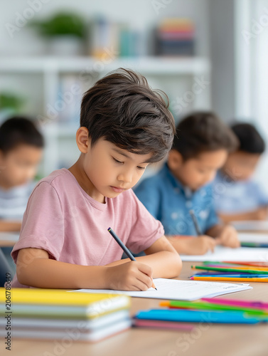 Young Asian boy in pink shirt writing in notebook at classroom table with colorful stationery and classmates engaged in similar activities in the background