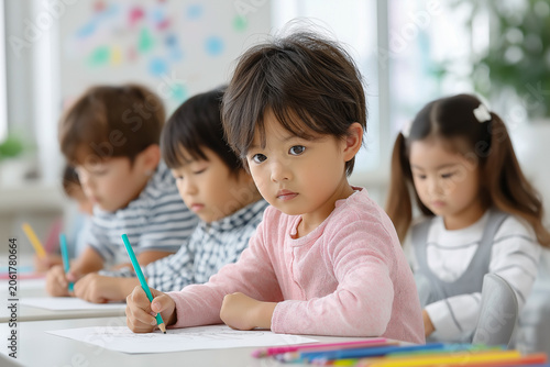 Young Asian boy in pink sweater focused on drawing with colored pencil at classroom table, surrounded by classmates engaged in creative activities