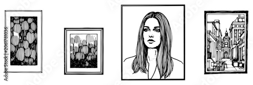 Fotografía Framed artwork collection including female portrait and urban street scene in ha