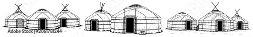 Foto Traditional nomadic yurts dwelling in a vast landscape in ink sketch style