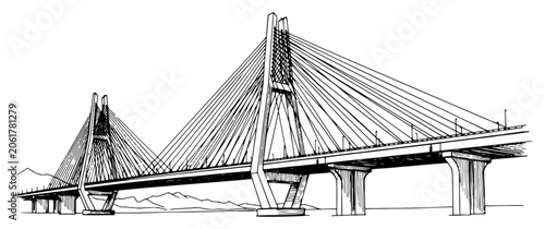 Cable stayed bridge with modern suspension pylons and highway in hand drawn architectural sketch style