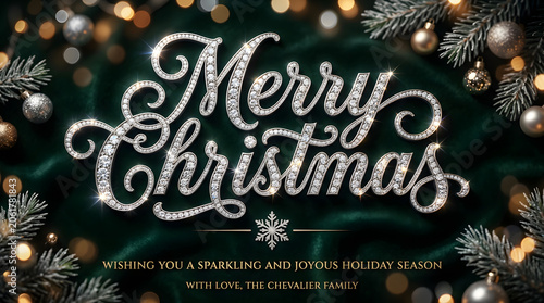 Merry Christmas holiday greeting card with pine branches and ornaments on green background transparent background