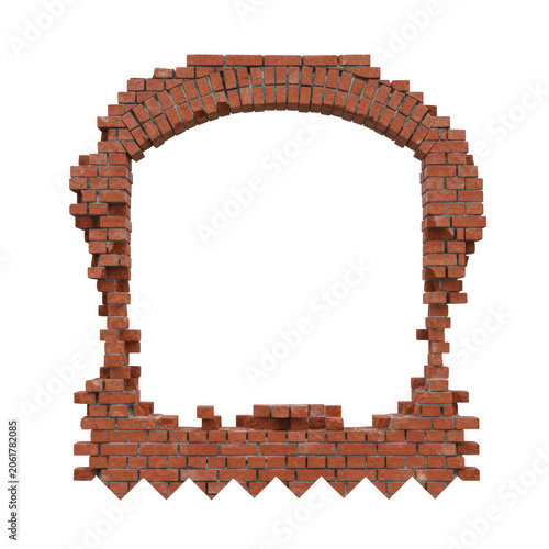Red brick wall frame with arched opening, broken masonry border on white background, rustic clay brickwork window for copy space
