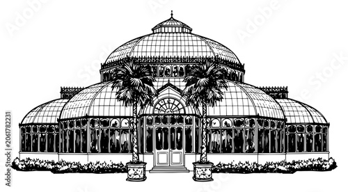 Canvastavla Victorian glass conservatory building with palm trees in detailed botanical gard
