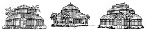 Grand botanical greenhouse complex with palm trees and glass architecture in hand drawn sketch style