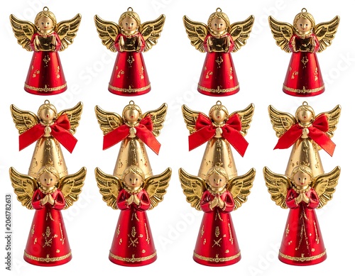 A set of nine identical Christmas angel ornaments with red dresses and gold wings on white background