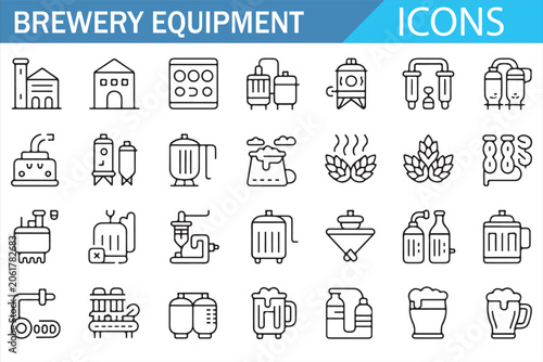 Cuadro en lienzo Brewery equipment outline icon set with beer brewing tools, fermentation tanks,