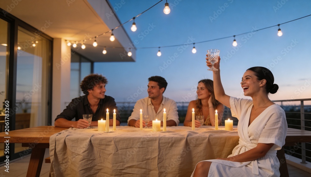 Fototapeta premium Group of friends having dinner on a rooftop terrace at twilight. Young people celebrating with a toast under string lights. Outdoor social gathering with candles and city view