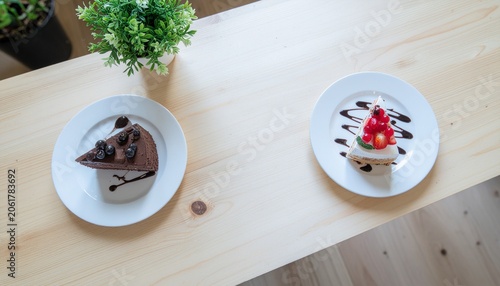 High angle view of two delicious cake slices on white plates over a light wooden table.