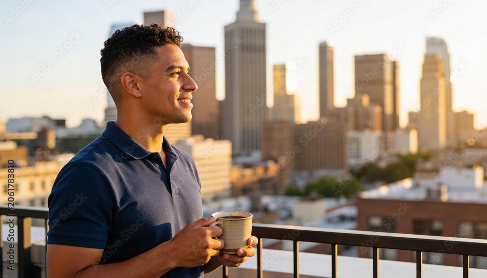 Fototapeta premium Smiling young man holding a coffee mug on a city rooftop. Happy Hispanic male looking at the skyline during golden hour. Urban lifestyle and morning routine concept