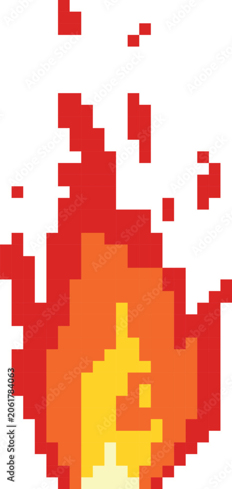 Naklejka premium A bright 8-bit fire with flames and sparks, red yellow.