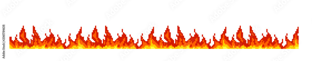 Fototapeta premium Red burning fire flame effect border vector pixel art, cartoon retro 8 bit video game blazing frame, ignition background