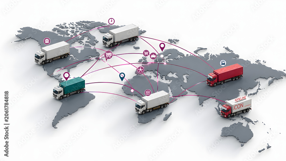 Naklejka premium Global E-commerce Shipping Routes with Worldwide Logistics Network. Concept: Global Logistics, E-commerce Shipping, International Trade, Supply Chain Network, Worldwide Delivery, Global Distribution
