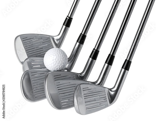 A set of shiny metal golf clubs with a dimpled white ball