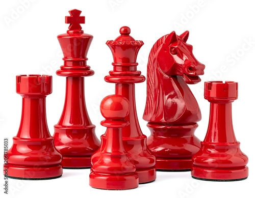 A set of shiny red chess pieces on a white background