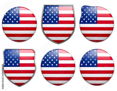 A set of six American flag shield icons in various shapes and outlines