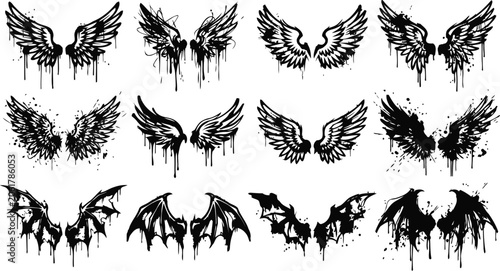 Ink style angel and bat wing designs