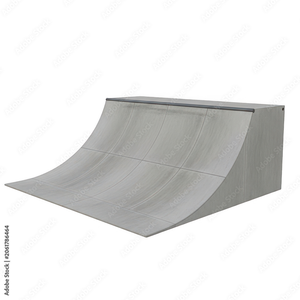 Naklejka premium Skateboard quarter pipe ramp on white background, concrete skatepark obstacle for extreme sports, grey cement half pipe structure