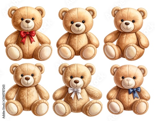 A set of six identical brown teddy bears with different colored bows