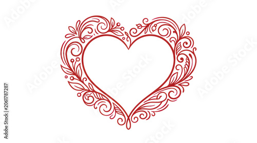 Quadro su tela Ornate Red Heart Frame with Floral Swirls - Romantic Decoration Element