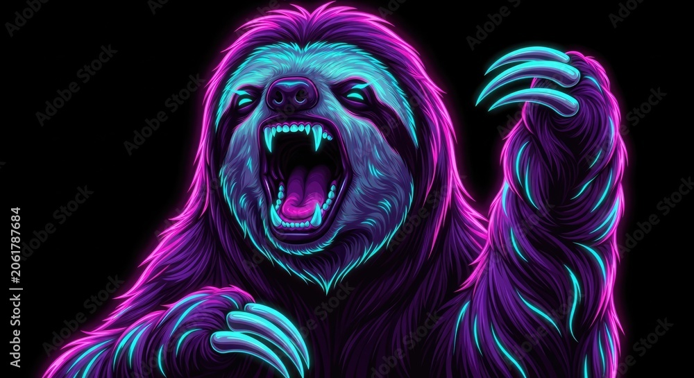 Fototapeta premium Aggressive purple sloth roaring in neon synthwave style.